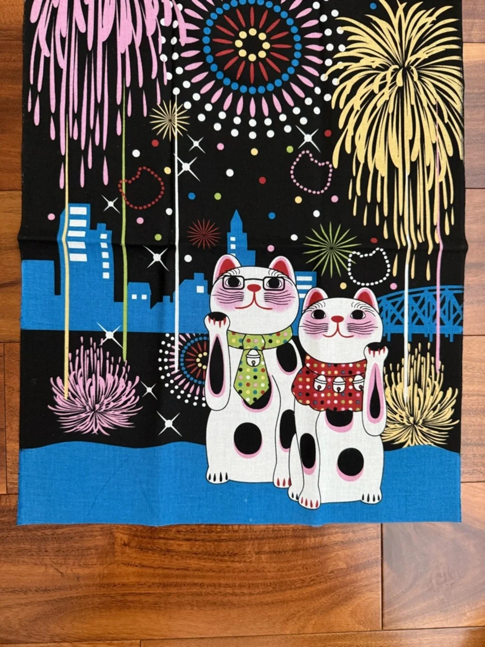 Japanese Tenugui Cotton Cloth Tapestry: Lucky Cats & Fireworks EPCOT Souvenir